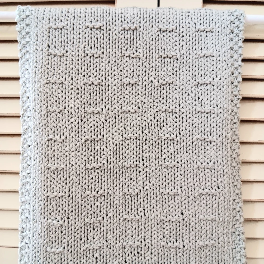 Hand Crafted Hand Knit Light Silver Gray Textured Dash Stripe Cotton Hand Towel